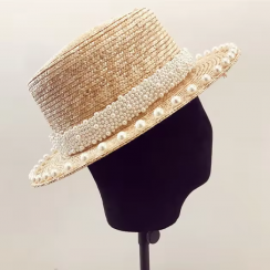 4 Pks Flat Top Jazz Beach Pearls Wheat Straw Hat