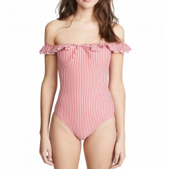 5 Pks Pretty Striped Frill Off Shoulder One Piece Swimsuit